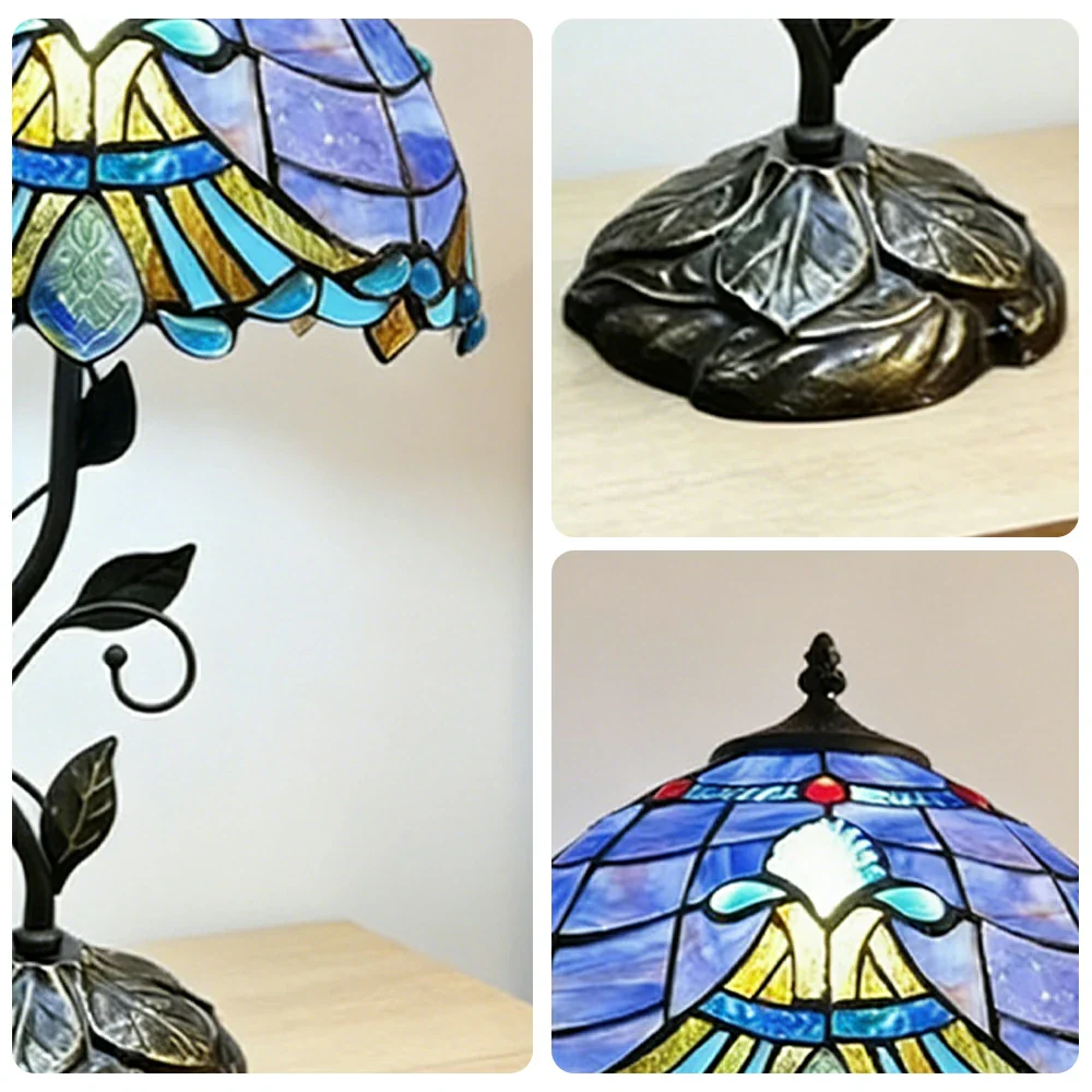LIVARA Tiffany Stained Glass Table Lamp Pull Chain Switch 30x45cm for Bedroom Living Room Study - Blue - Image 3