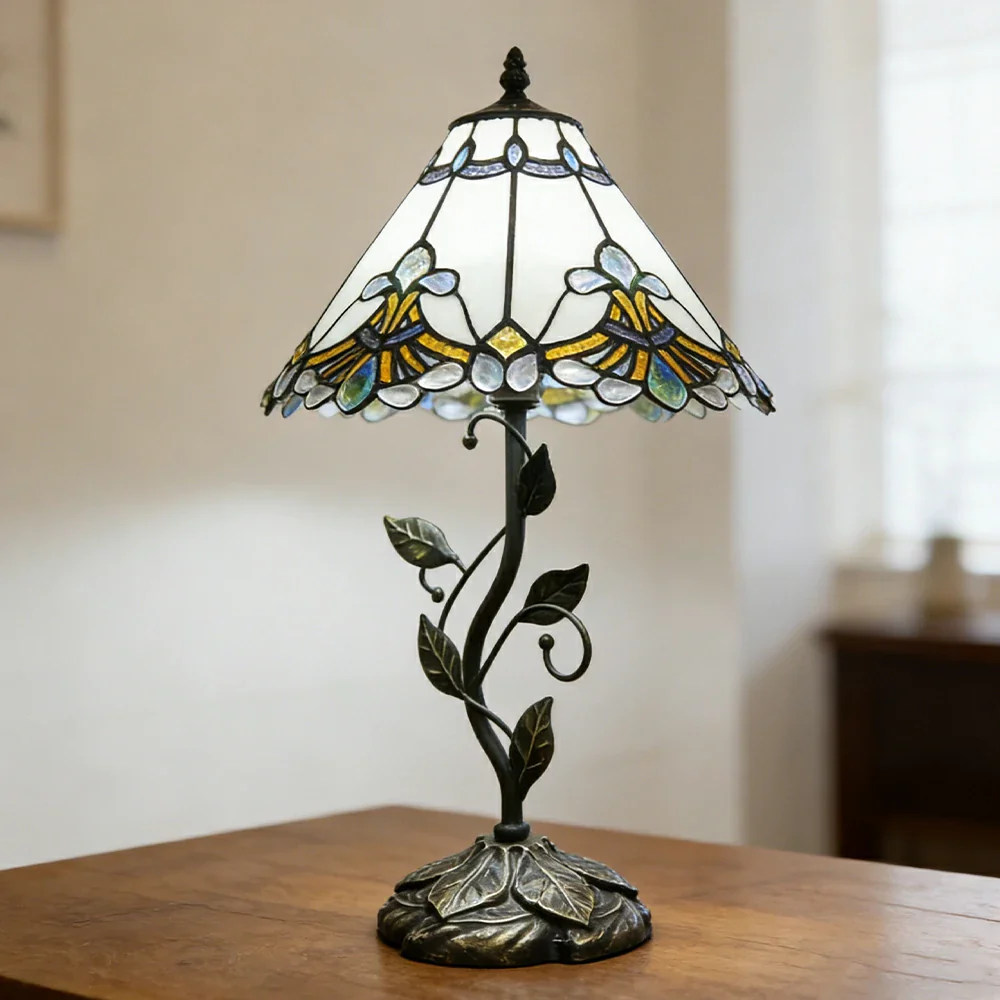 LIVARA Tiffany Stained Glass Table Lamp Pull Chain Switch 30x45cm for Bedroom Living Room Study - White - Image 2