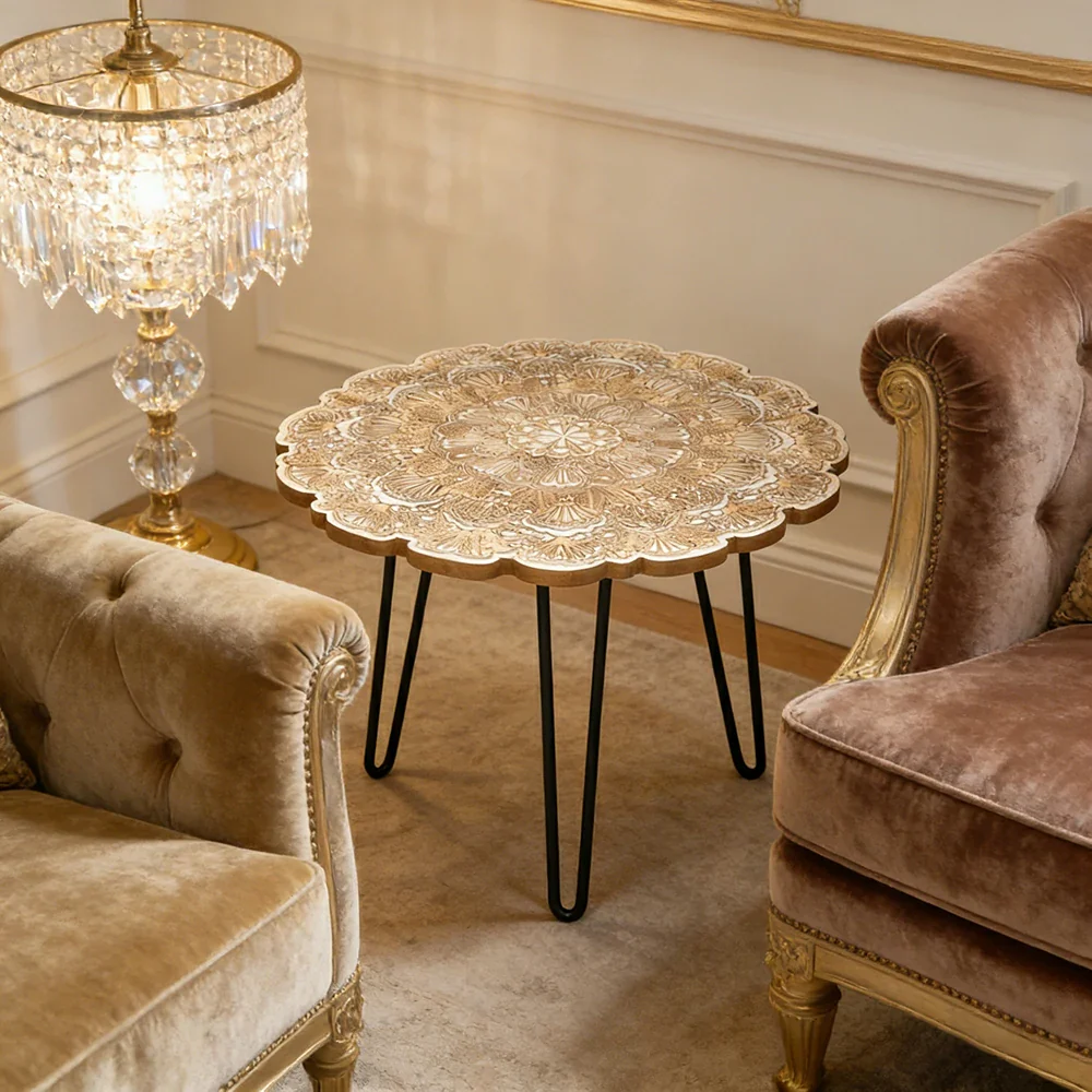 LIVARA Vintage Carved Coffee Table Solid Wood Top Metal Hairpin Legs Floral Designer Accent Table - Image 4