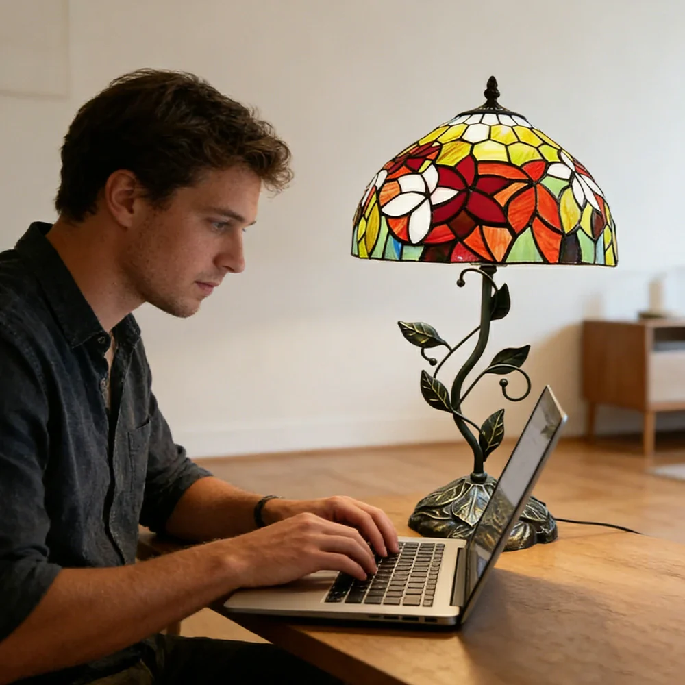 LIVARA Tiffany Stained Glass Table Lamp Pull Chain Switch 30x45cm for Bedroom Living Room Study - Rose Red - Image 5