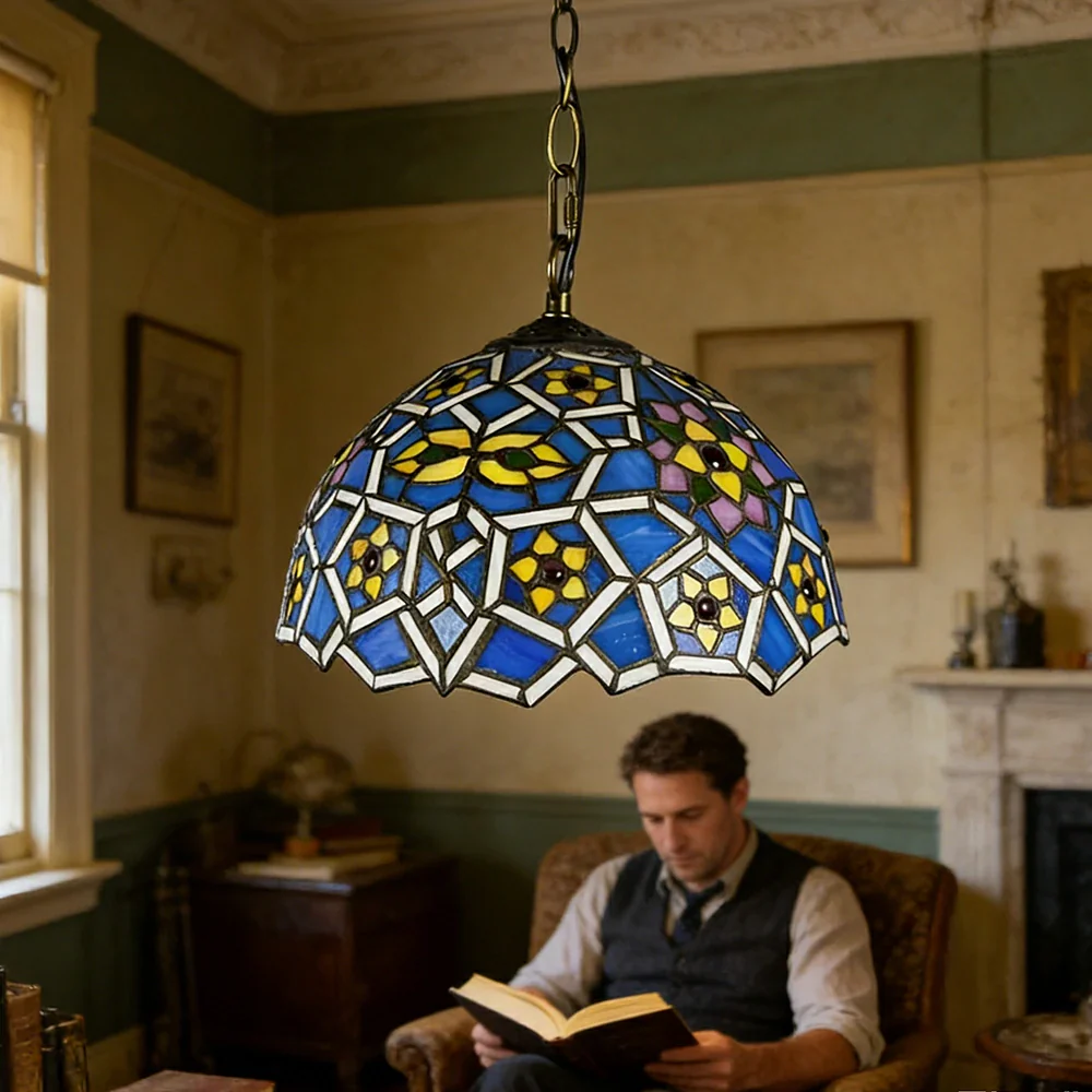 LIVARA Tiffany Stained Glass Chandelier Vintage Pendant Light 30x80cm for Dining Room Living Room Bedroom - Light Green - Image 5