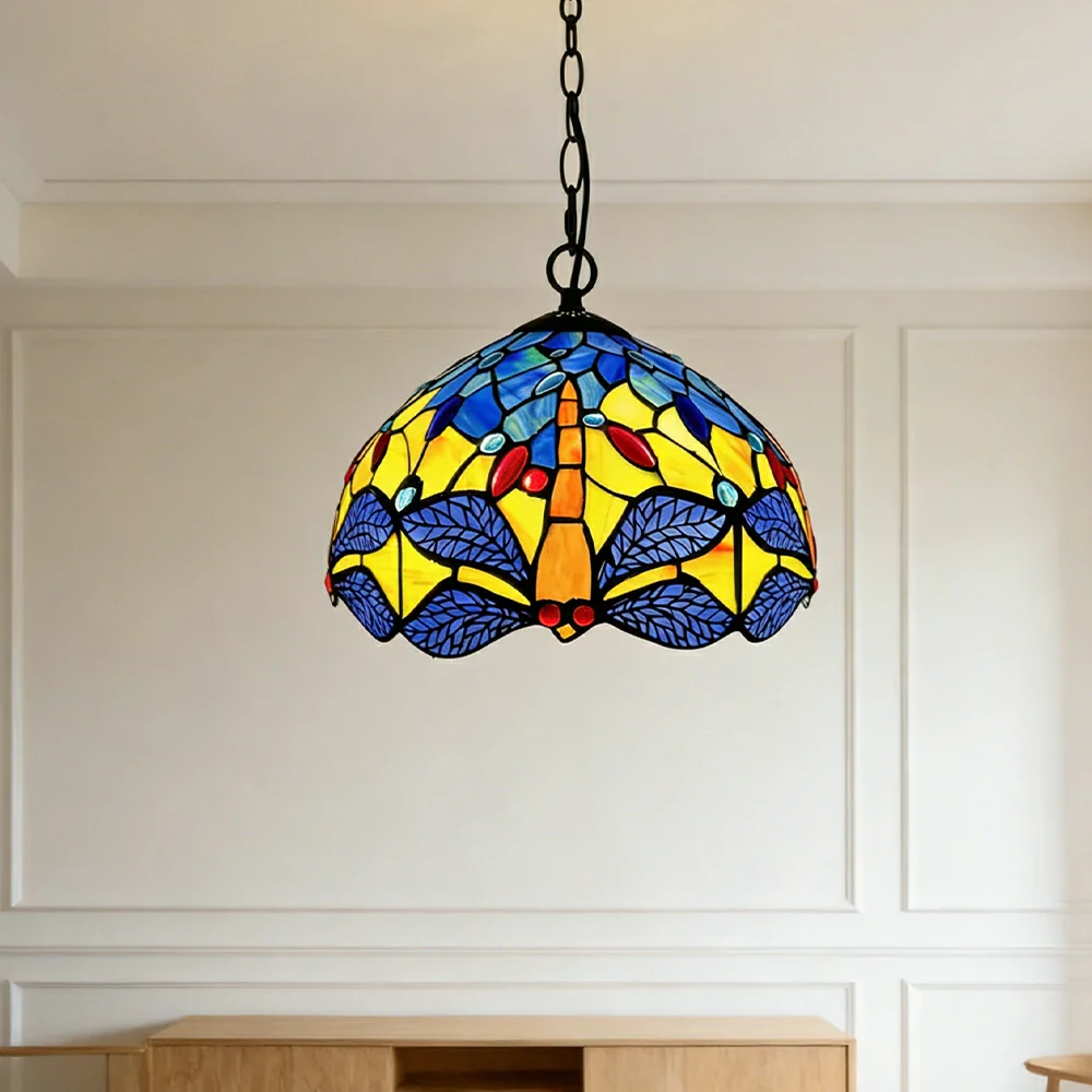 LIVARA Tiffany Stained Glass Chandelier Vintage Pendant Light 30x80cm for Dining Room Living Room Bedroom - Emerald Green - Image 2