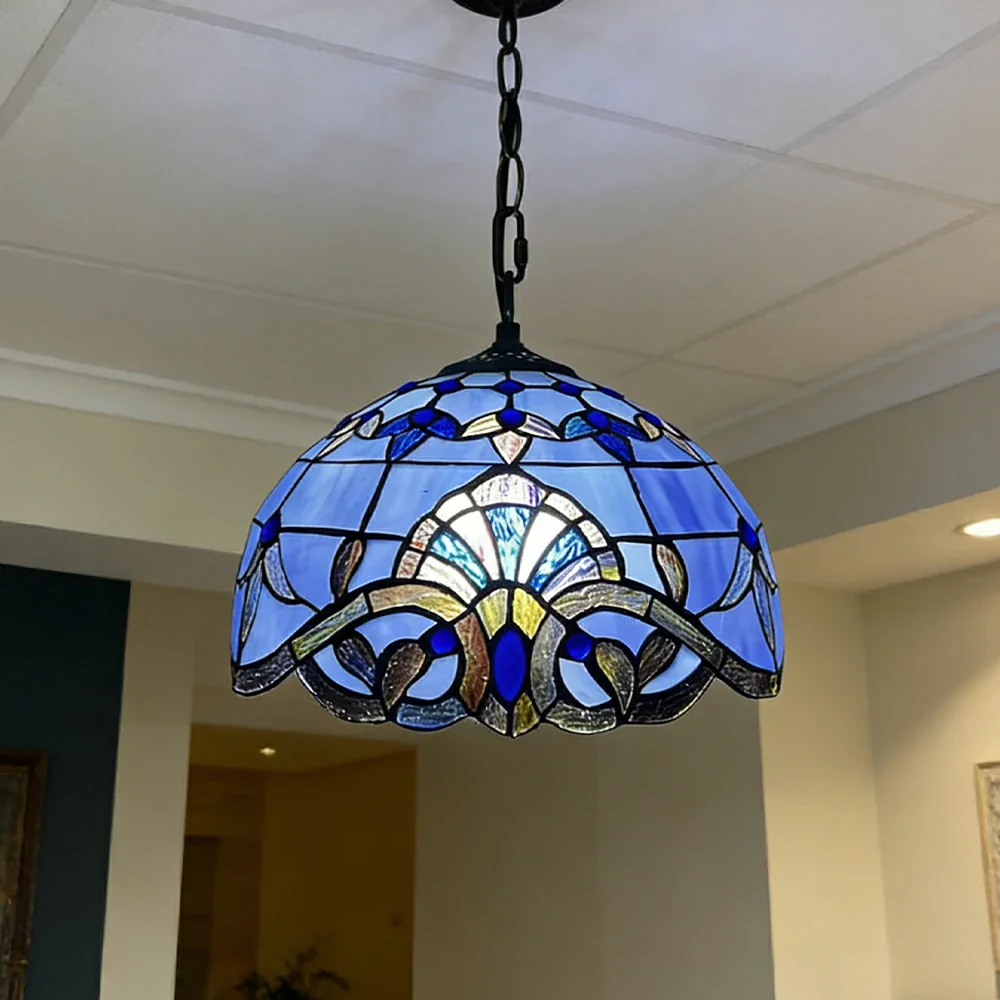 LIVARA Tiffany Stained Glass Chandelier Vintage Pendant Light 30x80cm for Dining Room Living Room Bedroom - Blue - Image 4