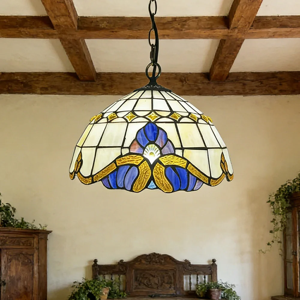 LIVARA Tiffany Stained Glass Chandelier Vintage Pendant Light 30x80cm for Dining Room Living Room Bedroom - Beige - Image 4