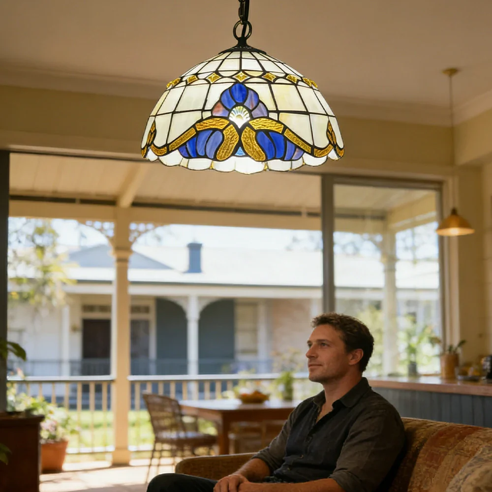LIVARA Tiffany Stained Glass Chandelier Vintage Pendant Light 30x80cm for Dining Room Living Room Bedroom - Beige - Image 5