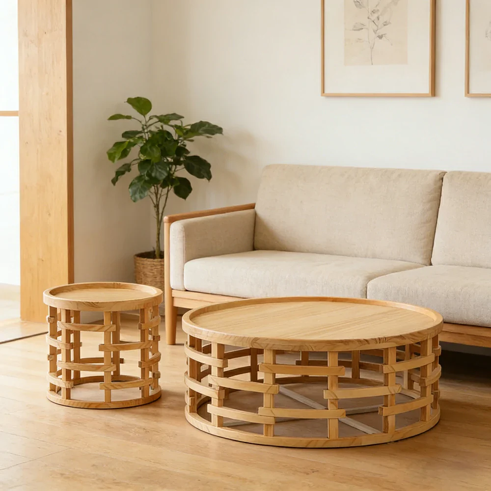 LIVARA Round Nesting Coffee Table Set Solid Pine Wood Hollow Lattice Design Natural Timber Accent Tables - Image 2