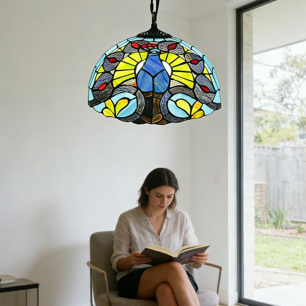 LIVARA Tiffany Stained Glass Chandelier Vintage Pendant Light 30x80cm for Dining Room Living Room Bedroom - Bright Yellow - Image 5