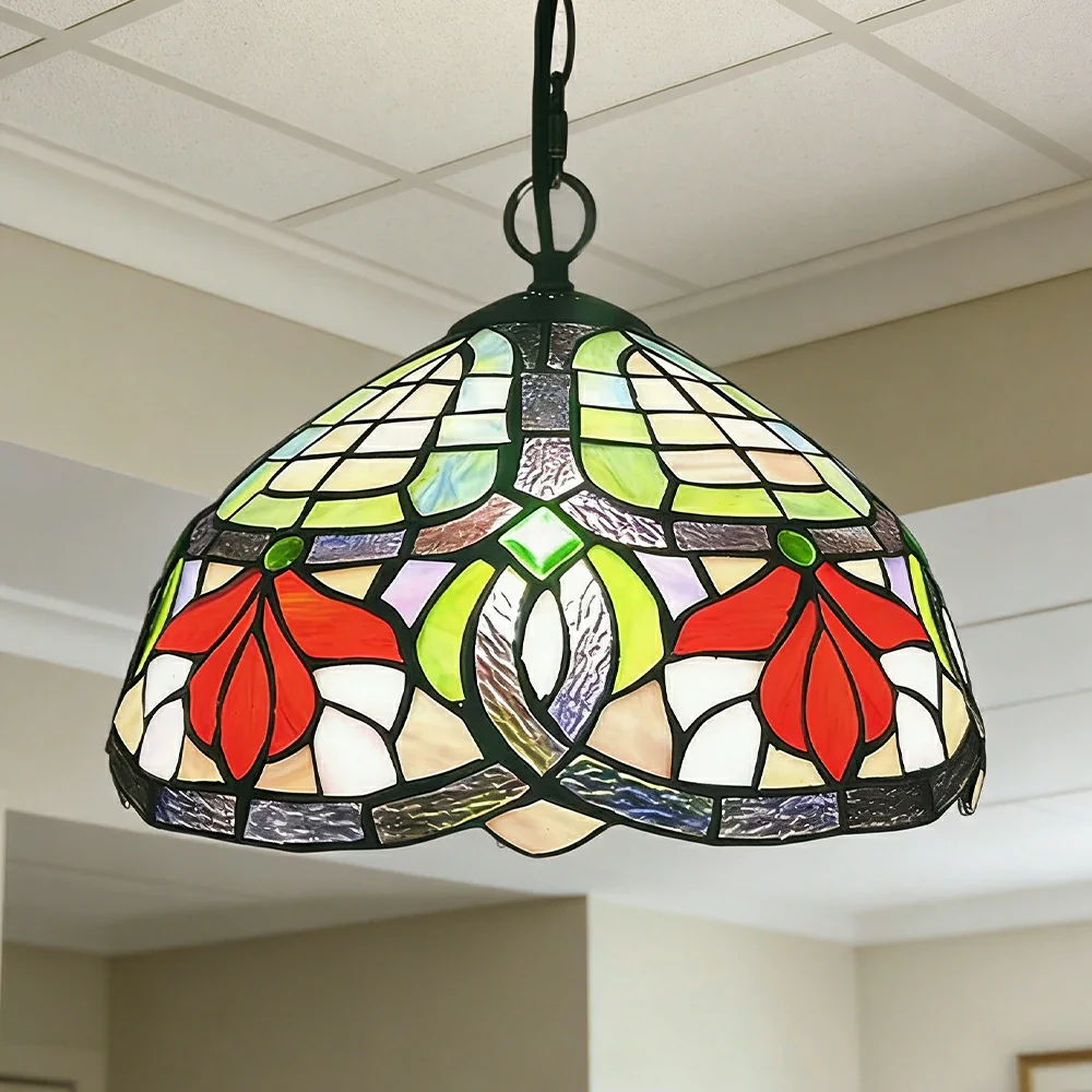 LIVARA Tiffany Stained Glass Chandelier Vintage Pendant Light 30x80cm for Dining Room Living Room Bedroom - Rose Red - Image 2
