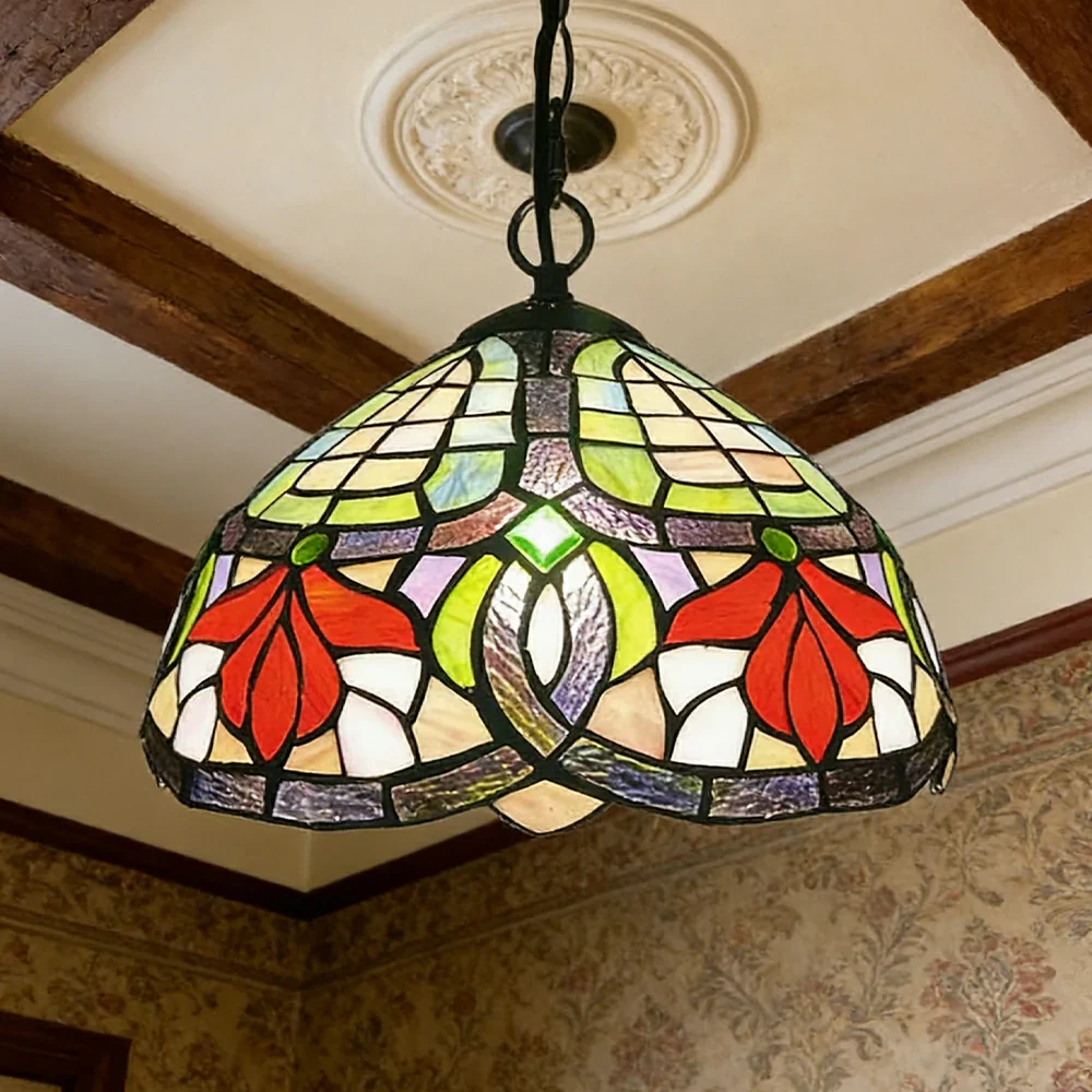 LIVARA Tiffany Stained Glass Chandelier Vintage Pendant Light 30x80cm for Dining Room Living Room Bedroom - Rose Red - Image 4