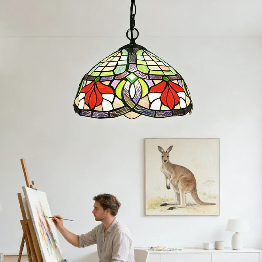 LIVARA Tiffany Stained Glass Chandelier Vintage Pendant Light 30x80cm for Dining Room Living Room Bedroom - Rose Red - Image 5