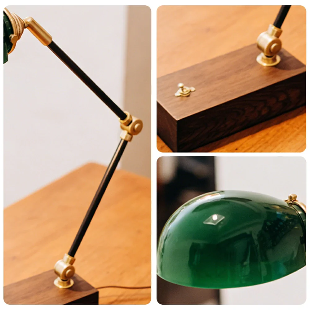 LIVARA Vintage Banker Table Lamp Emerald Glass Brass Pull-rod Switch for Bedroom Study Office - Walnut - Image 10