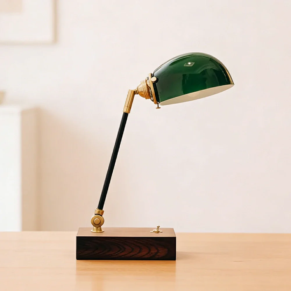 LIVARA Vintage Banker Table Lamp Emerald Glass Brass Pull-rod Switch for Bedroom Study Office - Walnut - Image 4