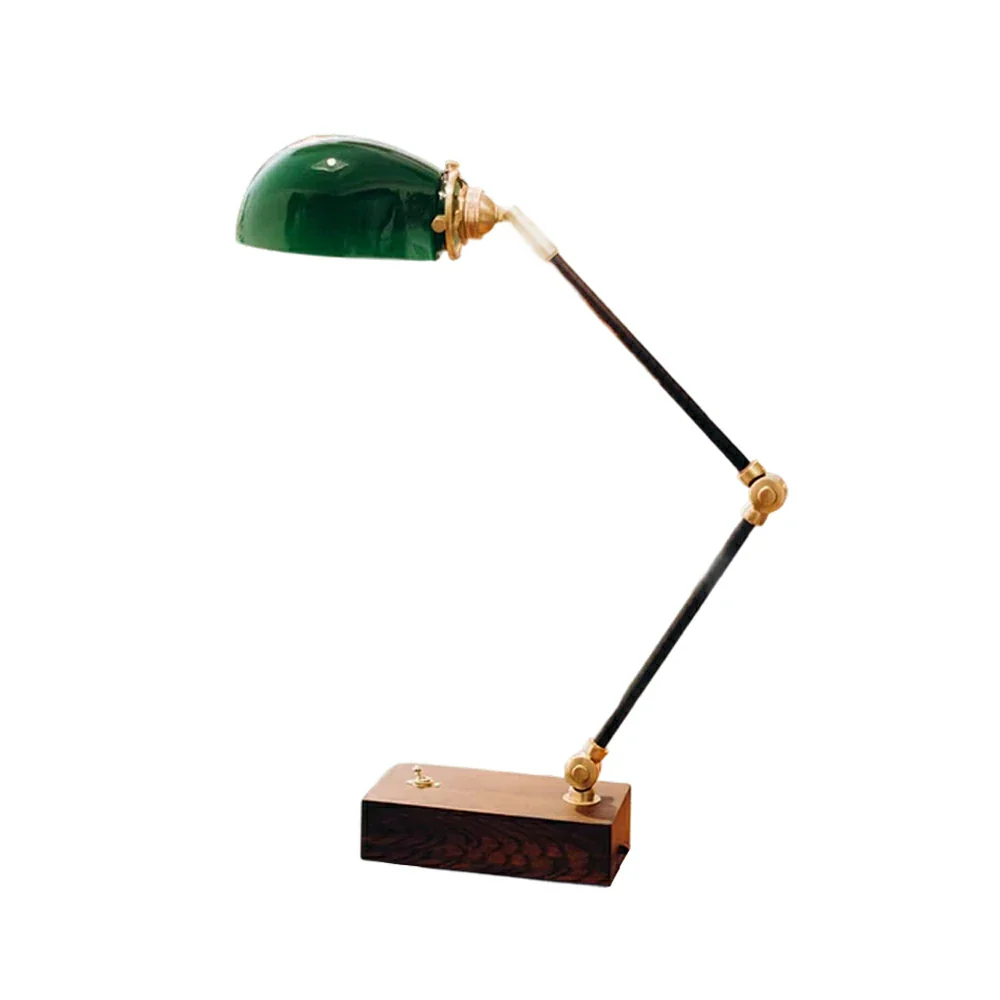 LIVARA Vintage Banker Table Lamp Emerald Glass Brass Pull-rod Switch for Bedroom Study Office - Walnut - Image 7