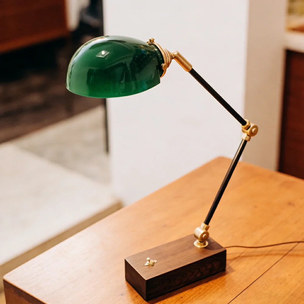 LIVARA Vintage Banker Table Lamp Emerald Glass Brass Pull-rod Switch for Bedroom Study Office - Walnut - Image 9