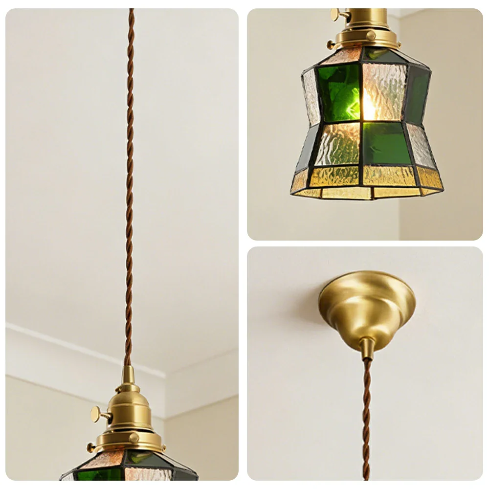 LIVARA Tiffany Stained Glass Pendant Light Vintage Brass Head Design for Dining Room Bedroom Living Room - Dark Green - Image 3
