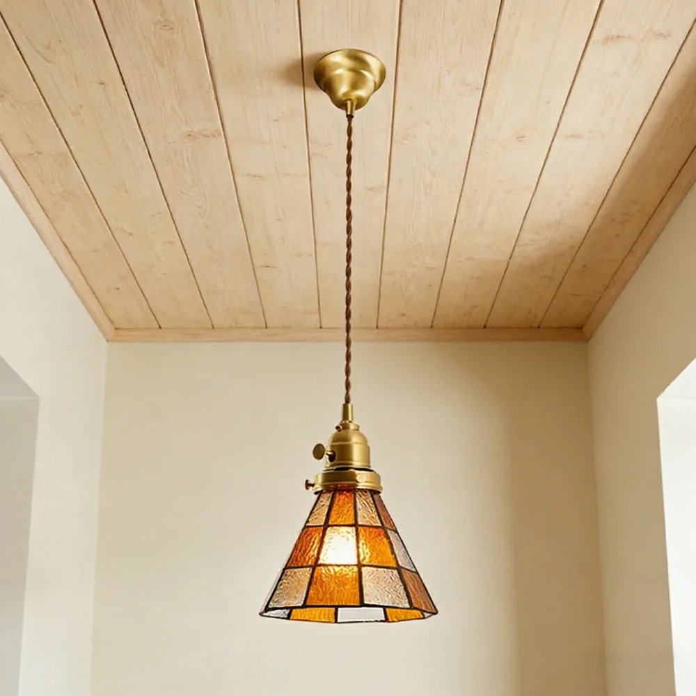LIVARA Tiffany Stained Glass Pendant Light Vintage Brass Head Design for Dining Room Bedroom Living Room - Orange - Image 4