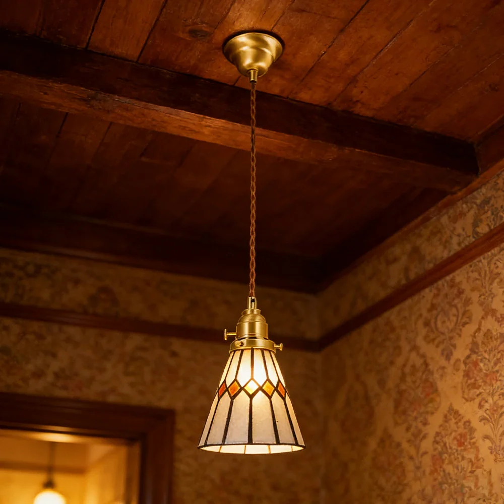 LIVARA Tiffany Stained Glass Pendant Light Diamond Pattern Brass Head Design for Dining Room Bedroom Living Room - Yellow - Image 4