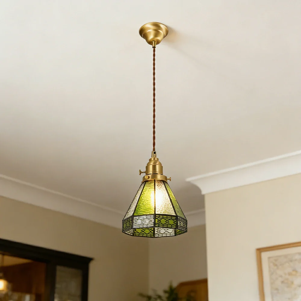 LIVARA Tiffany Stained Glass Pendant Light Lantern Style Brass Head Design for Dining Room Bedroom Living Room - Green - Image 2