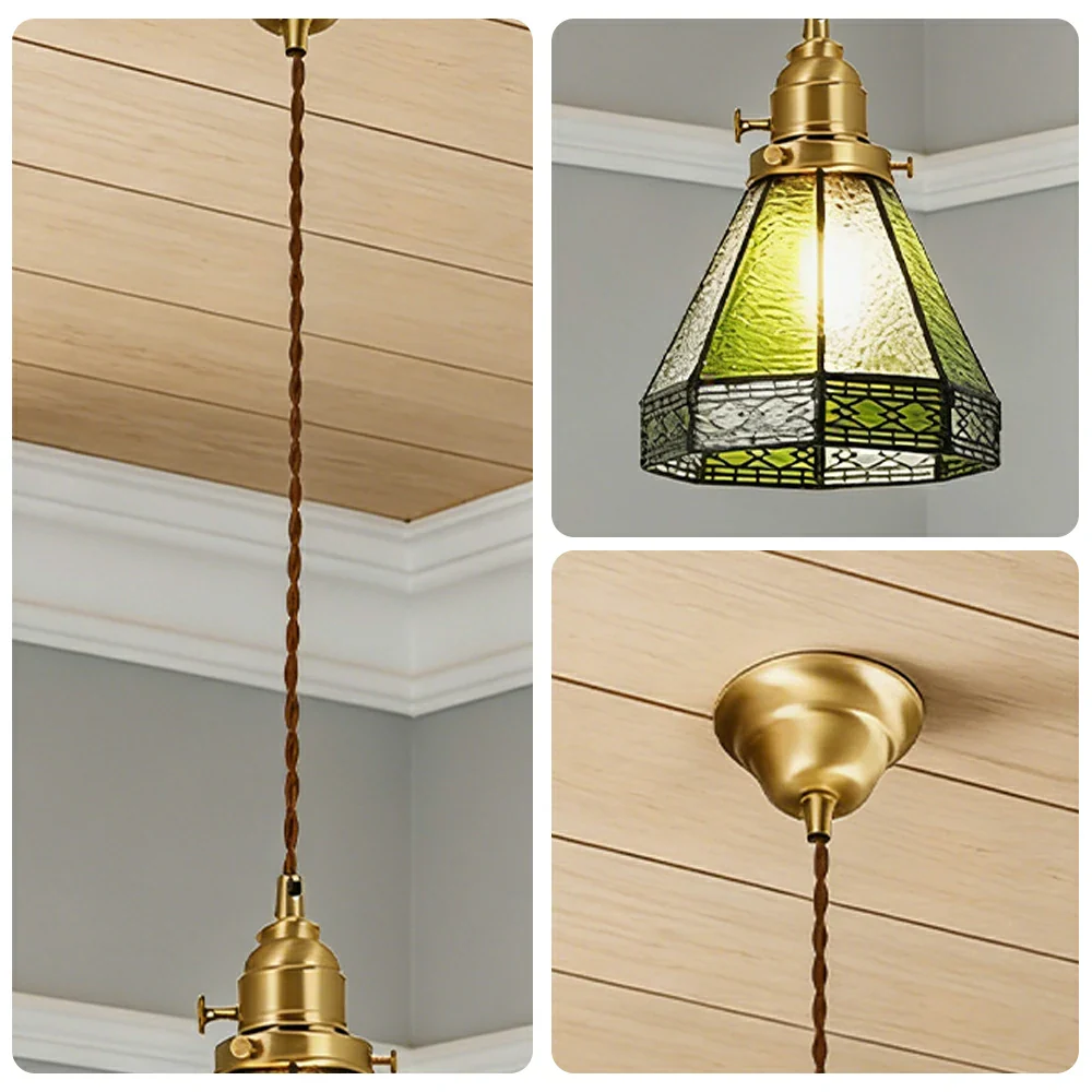 LIVARA Tiffany Stained Glass Pendant Light Lantern Style Brass Head Design for Dining Room Bedroom Living Room - Green - Image 3
