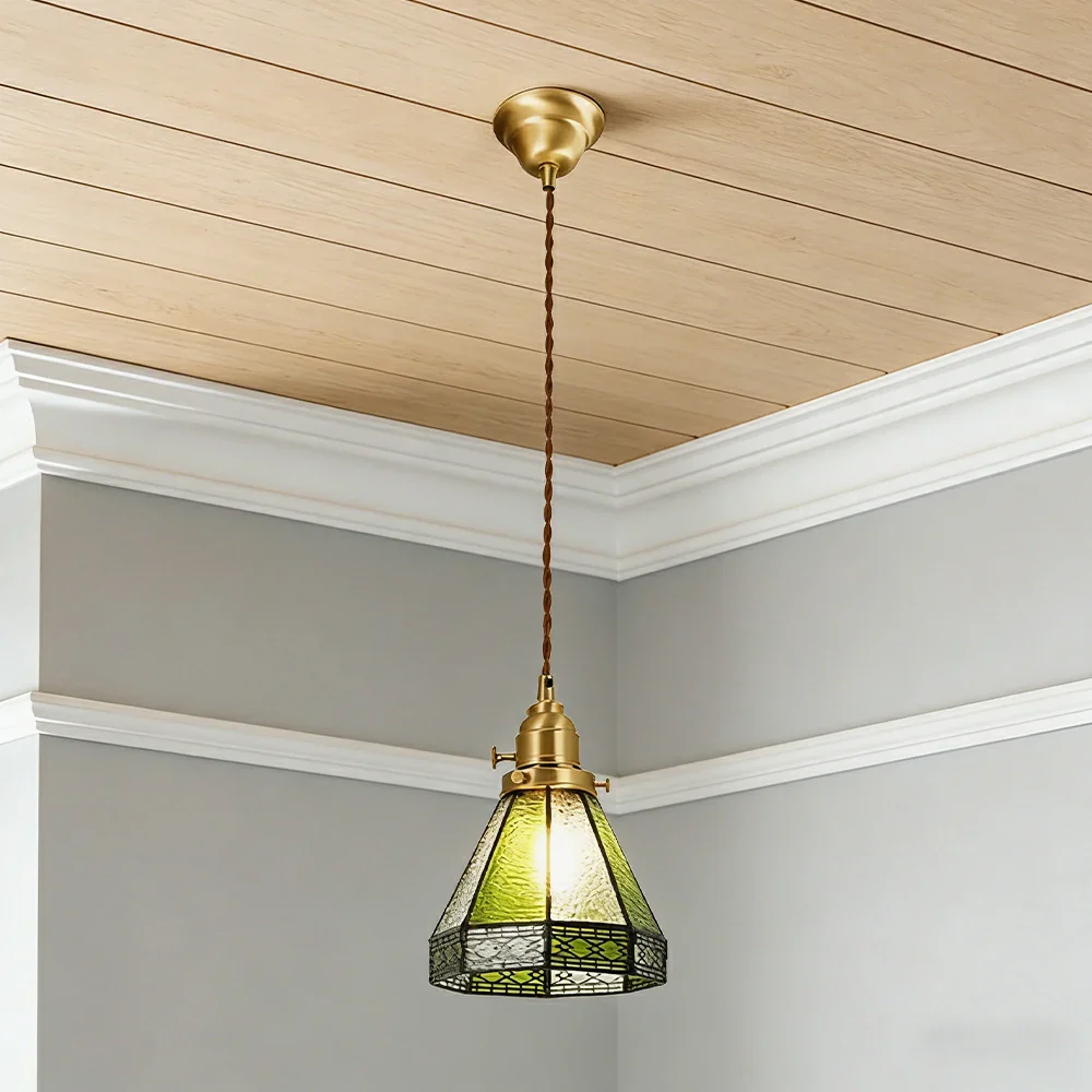 LIVARA Tiffany Stained Glass Pendant Light Lantern Style Brass Head Design for Dining Room Bedroom Living Room - Green - Image 4