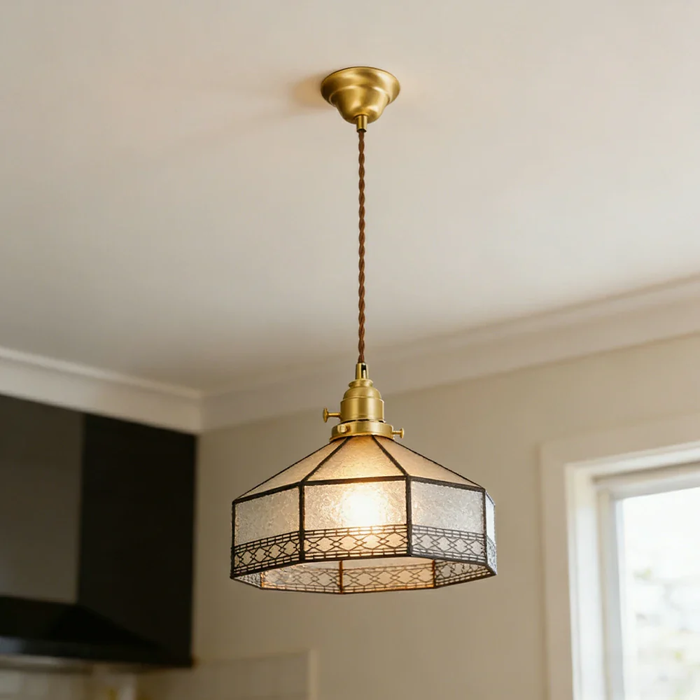 LIVARA Tiffany Stained Glass Pendant Light Octagonal Design Brass Head for Dining Room Bedroom Living Room - White - Image 2