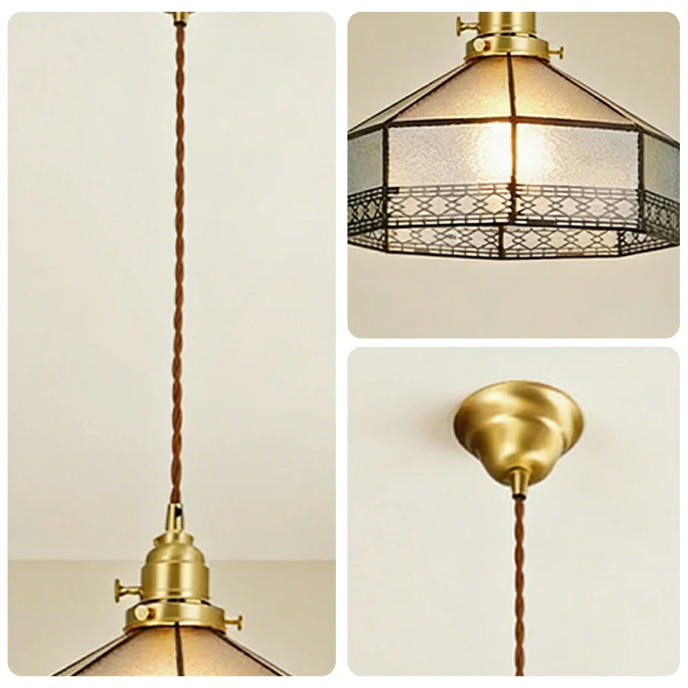 LIVARA Tiffany Stained Glass Pendant Light Octagonal Design Brass Head for Dining Room Bedroom Living Room - White - Image 3
