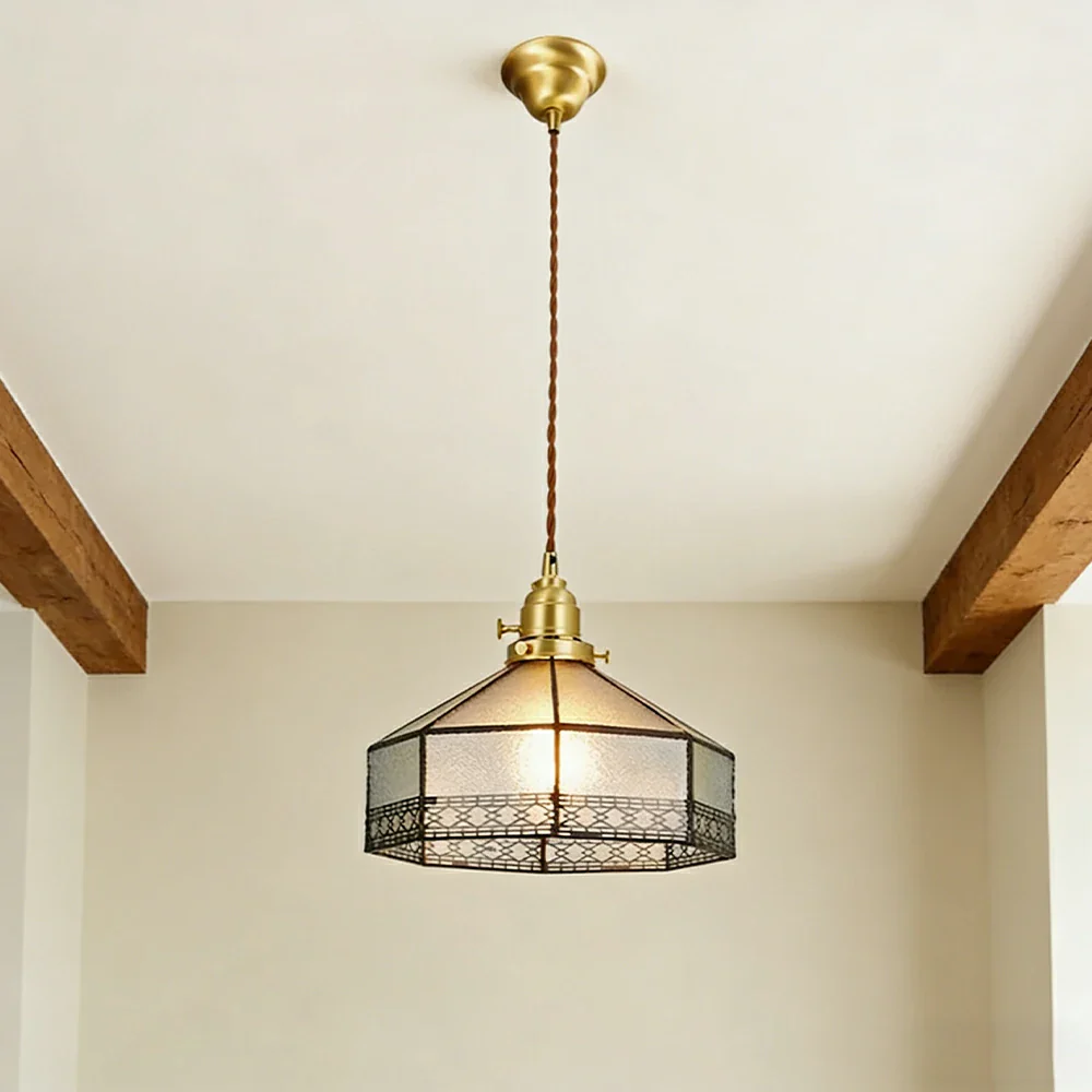 LIVARA Tiffany Stained Glass Pendant Light Octagonal Design Brass Head for Dining Room Bedroom Living Room - White - Image 4