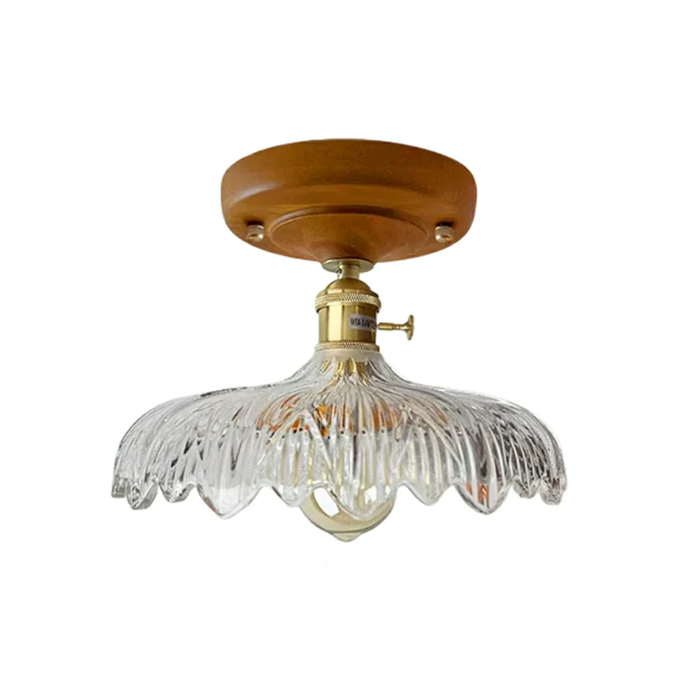 LIVARA Vintage Glass Ceiling Light 6W Warm LED Solid Wood Base Carved Floral Design 24x22cm for Bedroom Hallway Entry