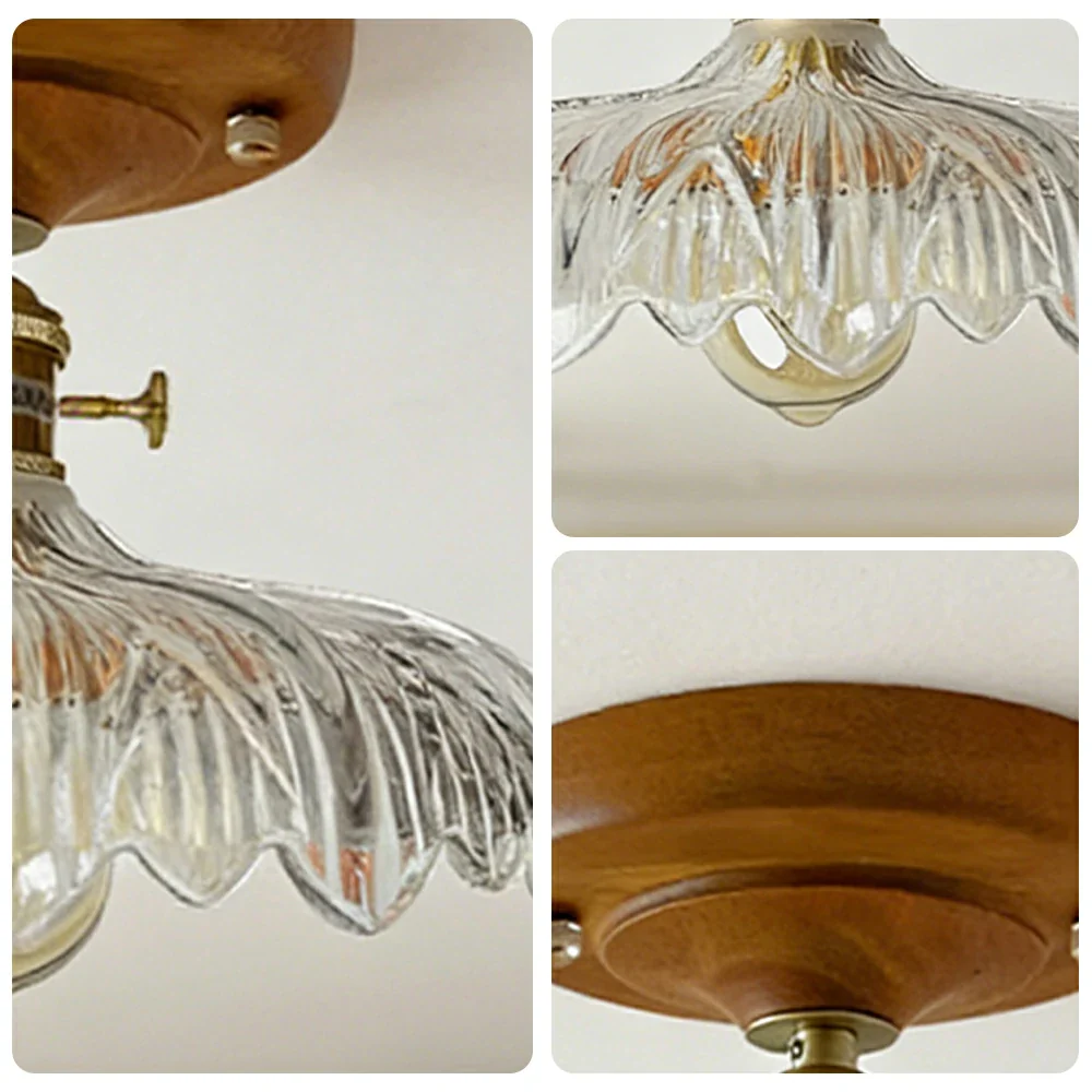 LIVARA Vintage Glass Ceiling Light 6W Warm LED Solid Wood Base Carved Floral Design 24x22cm for Bedroom Hallway Entry - Image 3