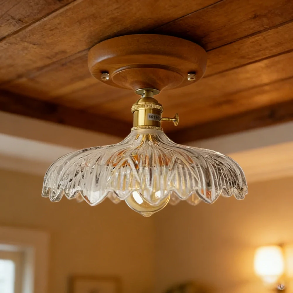 LIVARA Vintage Glass Ceiling Light 6W Warm LED Solid Wood Base Carved Floral Design 24x22cm for Bedroom Hallway Entry - Image 4