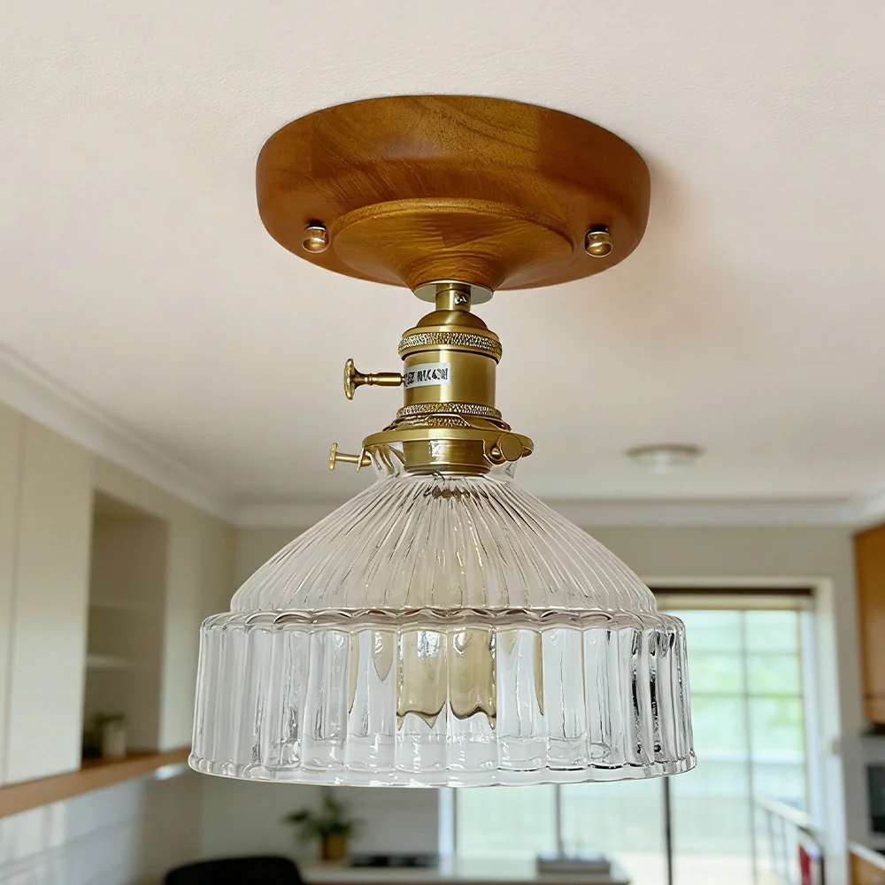 LIVARA Vintage Glass Ceiling Light 6W Warm LED Solid Wood Base Mongolian Style Design 24x22cm for Bedroom Hallway Entry - Image 2