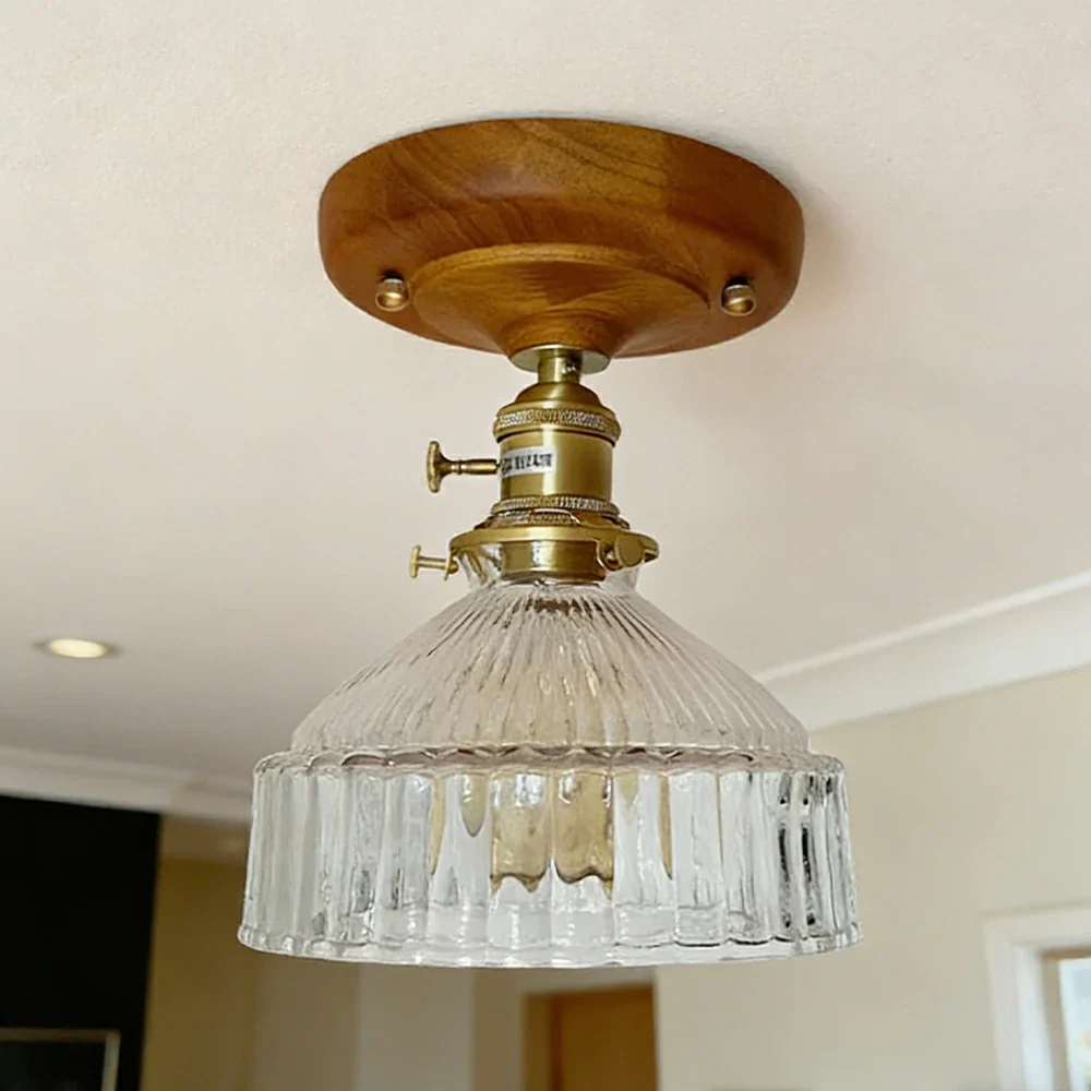 LIVARA Vintage Glass Ceiling Light 6W Warm LED Solid Wood Base Mongolian Style Design 24x22cm for Bedroom Hallway Entry - Image 4