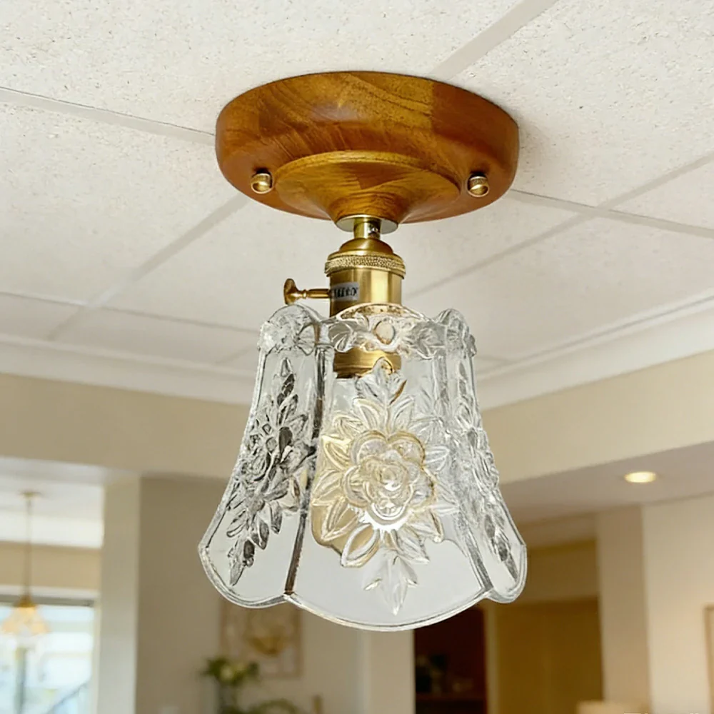 LIVARA Vintage Glass Ceiling Light 6W Warm LED Solid Wood Base Bell Shape Design 24x22cm for Bedroom Hallway Entry - Image 2