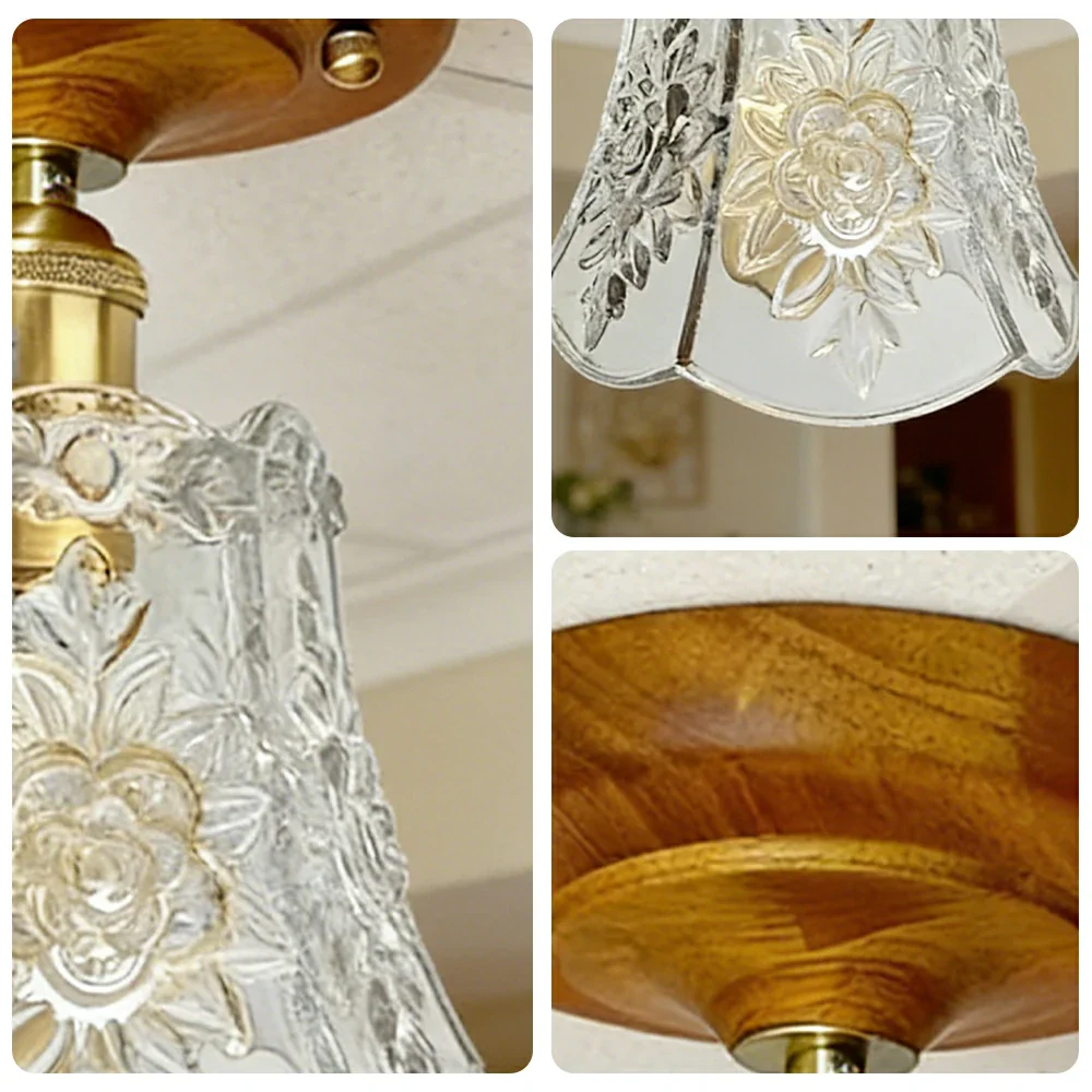 LIVARA Vintage Glass Ceiling Light 6W Warm LED Solid Wood Base Bell Shape Design 24x22cm for Bedroom Hallway Entry - Image 3