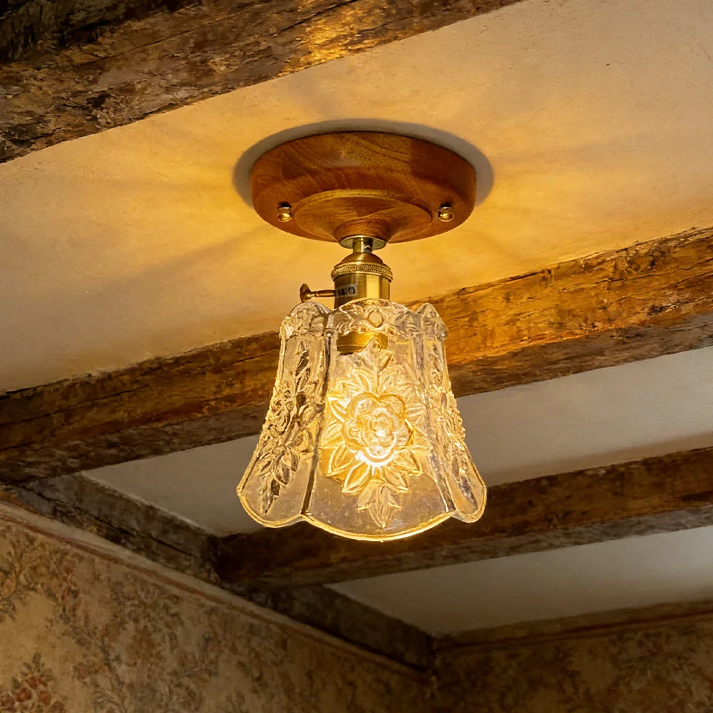 LIVARA Vintage Glass Ceiling Light 6W Warm LED Solid Wood Base Bell Shape Design 24x22cm for Bedroom Hallway Entry - Image 4