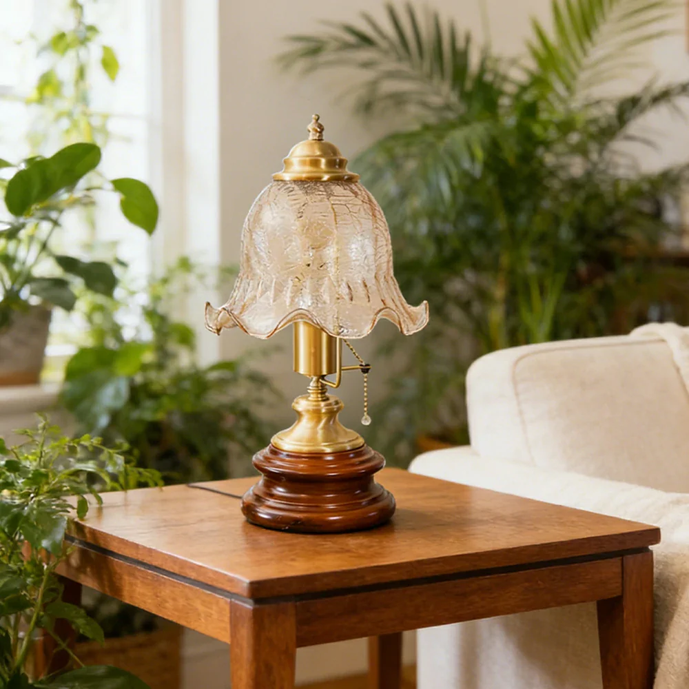 LIVARA Vintage Glass Table Lamp E27 Small Crackle Design with Zipper Detail Solid Wood Base for Bedroom Living Room - Image 2