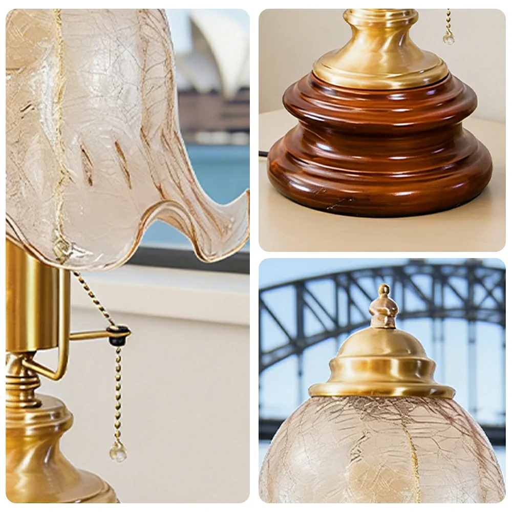 LIVARA Vintage Glass Table Lamp E27 Small Crackle Design with Zipper Detail Solid Wood Base for Bedroom Living Room - Image 3