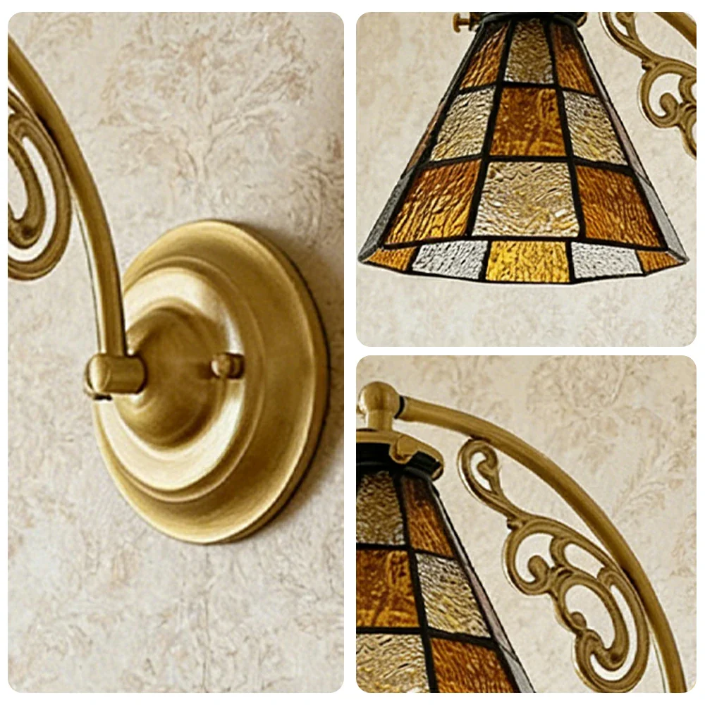 LIVARA Vintage Glass Wall Light E14 Warm Light Orange Checkered Design Solid Wood Base for Bedroom Hallway Living Room - Image 3
