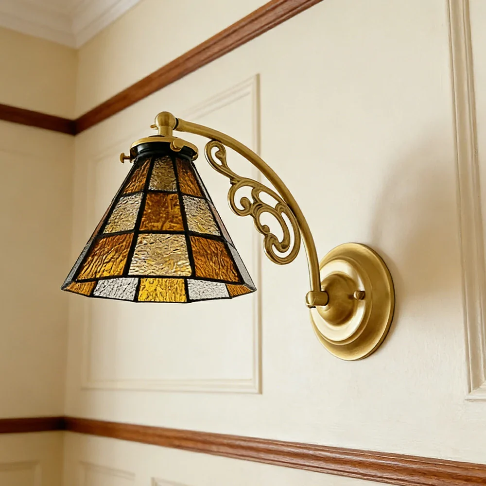 LIVARA Vintage Glass Wall Light E14 Warm Light Orange Checkered Design Solid Wood Base for Bedroom Hallway Living Room - Image 4