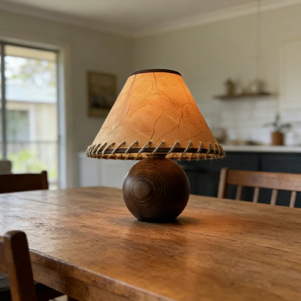 LIVARA Vintage Table Lamp 40W Edison Bulb Ash Wood Base Faux Sheepskin Shade Natural Design for Bedroom Living Room - Image 4