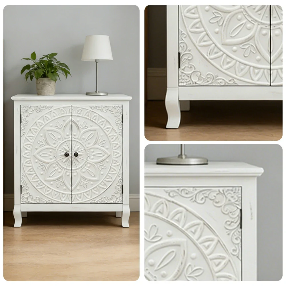 LIVARA Vintage Carved Storage Cabinet Double Door Sideboard Solid Wood MDF Distressed White Floral Decorative Furniture - Image 3