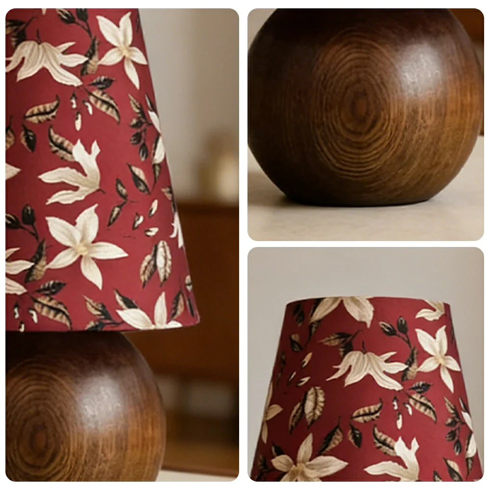LIVARA Vintage Table Lamp 40W Edison Bulb Ash Wood Base Magnolia Floral Shade Button Switch Design for Bedroom Living Room - Red - Image 3