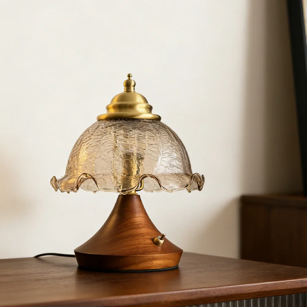 LIVARA Vintage Table Lamp 3W Warm LED Half Round Crackle Rolled Edge Glass Shade Solid Wood Base with Handle Box for Bedroom Living Room - Image 2