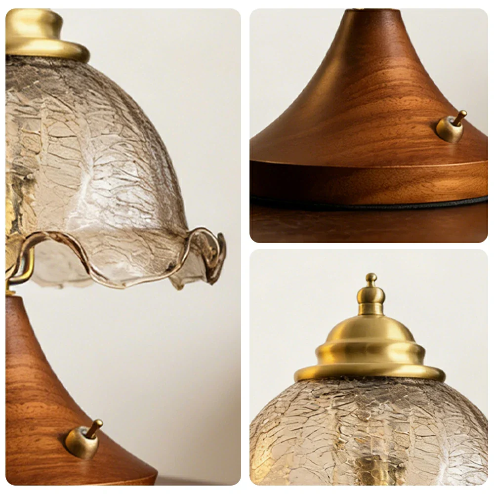 LIVARA Vintage Table Lamp 3W Warm LED Half Round Crackle Rolled Edge Glass Shade Solid Wood Base with Handle Box for Bedroom Living Room - Image 3