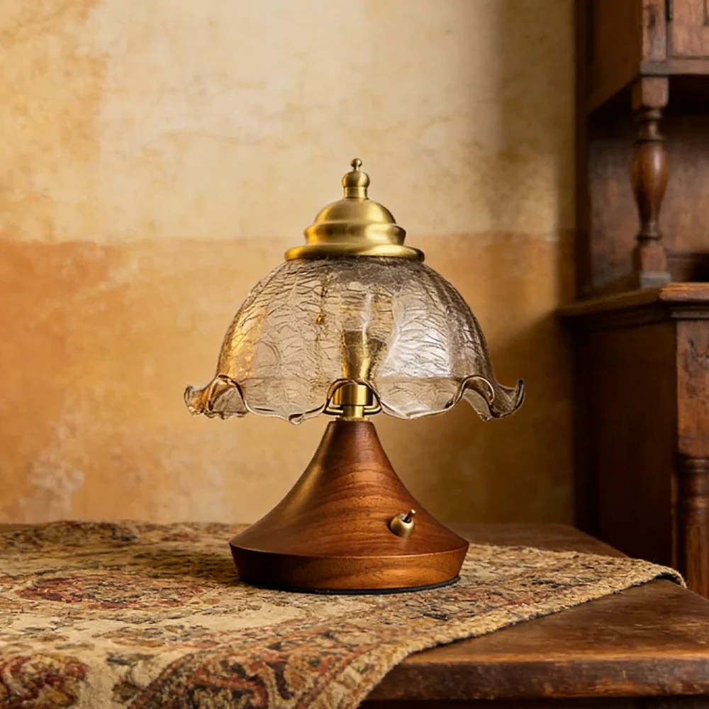 LIVARA Vintage Table Lamp 3W Warm LED Half Round Crackle Rolled Edge Glass Shade Solid Wood Base with Handle Box for Bedroom Living Room - Image 4