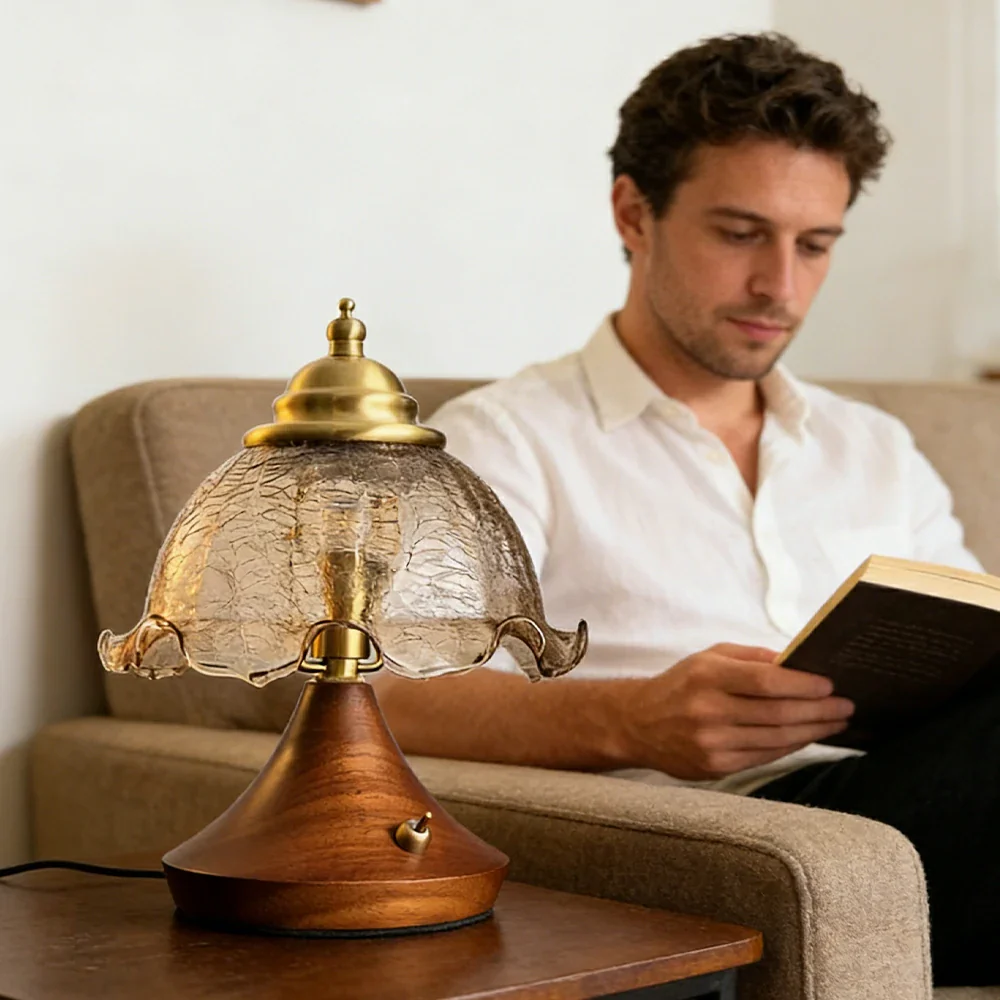 LIVARA Vintage Table Lamp 3W Warm LED Half Round Crackle Rolled Edge Glass Shade Solid Wood Base with Handle Box for Bedroom Living Room - Image 5