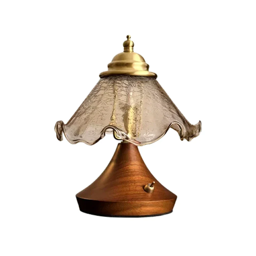 LIVARA Vintage Table Lamp 3W Warm LED Trumpet Crackle Rolled Edge Glass Shade Solid Wood Base with Handle Box for Bedroom Living Room