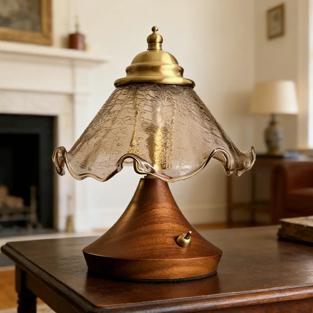 LIVARA Vintage Table Lamp 3W Warm LED Trumpet Crackle Rolled Edge Glass Shade Solid Wood Base with Handle Box for Bedroom Living Room - Image 2