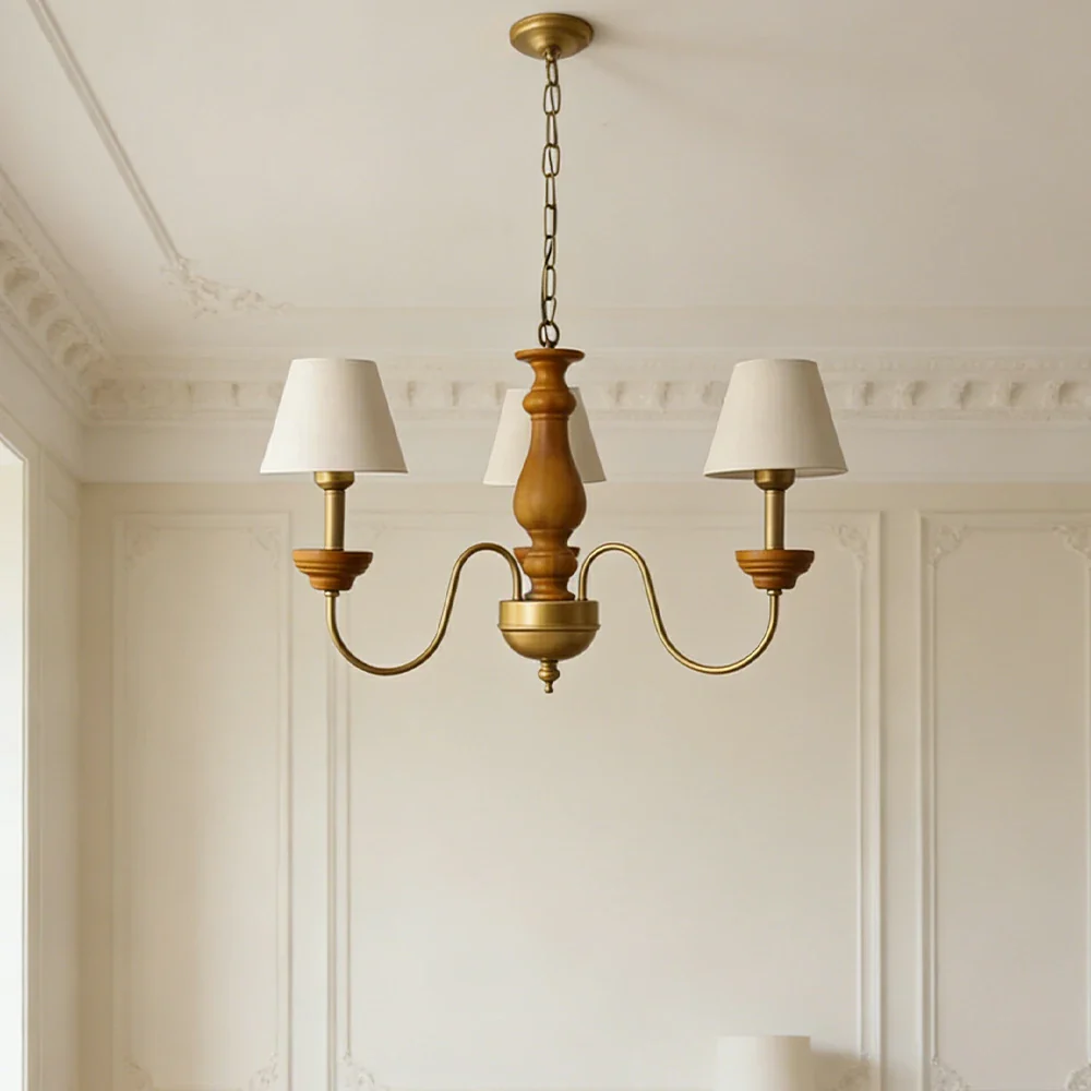 LIVARA Vintage Chandelier 3-Light Fabric Shade E27 Bulb Rubber Wood Frame Elegant Design for Dining Room Living Room Bedroom - Image 2