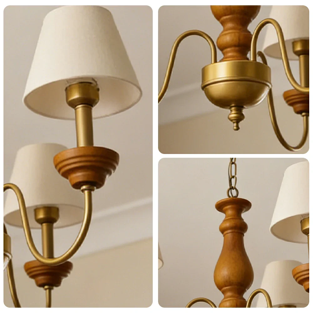 LIVARA Vintage Chandelier 3-Light Fabric Shade E27 Bulb Rubber Wood Frame Elegant Design for Dining Room Living Room Bedroom - Image 3